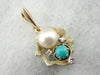 Turquoise, Pearl, and Diamond Gold Pendant