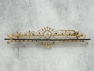 Victorian Gothic Enameled Diamond Rose Gold Bar Pin