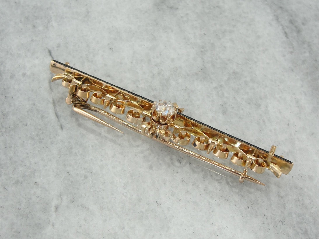 Victorian Gothic Enameled Diamond Rose Gold Bar Pin