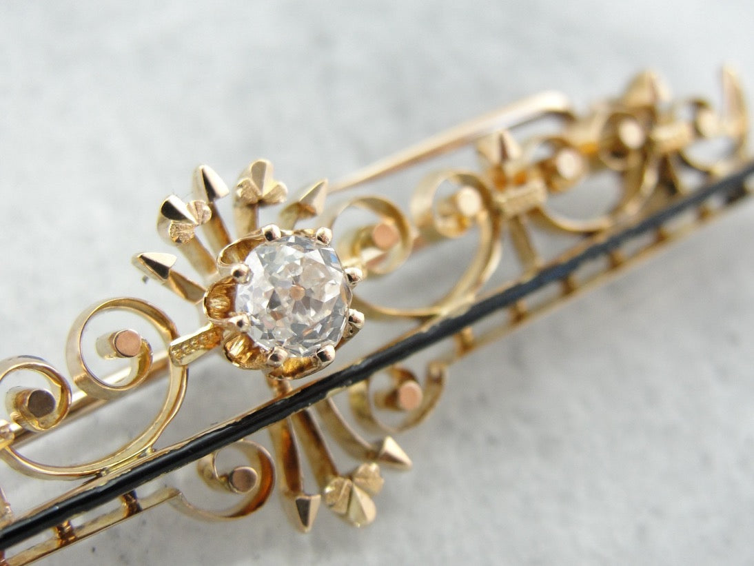 Victorian Gothic Enameled Diamond Rose Gold Bar Pin