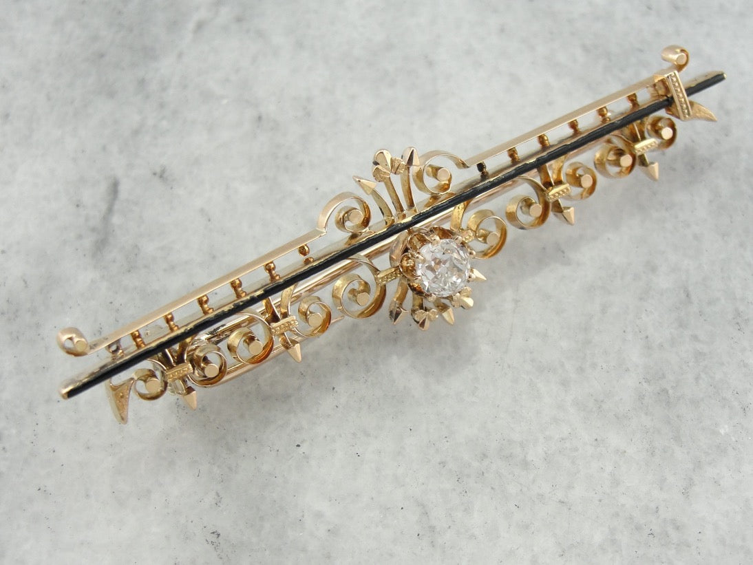 Victorian Gothic Enameled Diamond Rose Gold Bar Pin