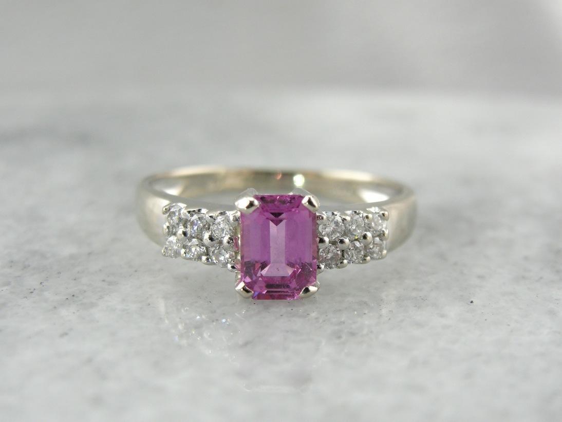 Emerald Cut Pink Sapphire and 12 Diamond Engagement Ring