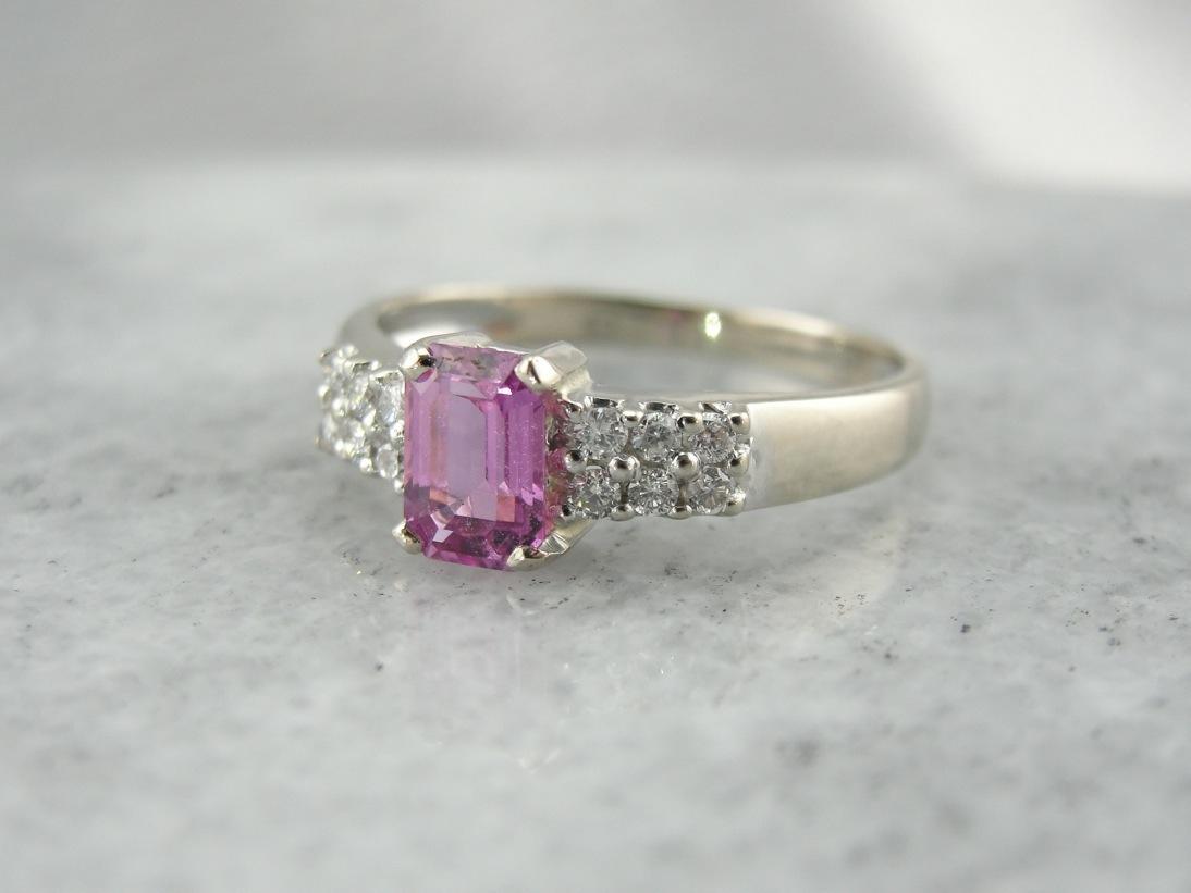 Emerald Cut Pink Sapphire and 12 Diamond Engagement Ring