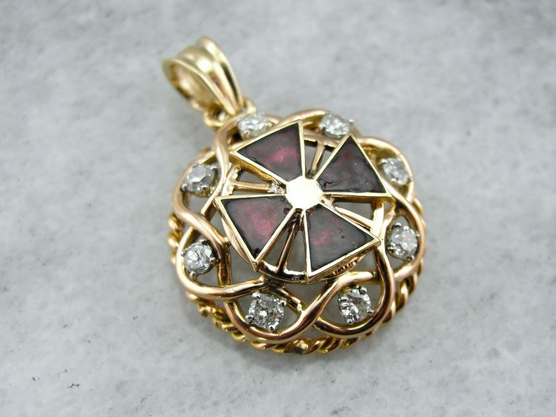 Ruby and Iron, a Vintage Enamel, Diamond and Gold Cross Pendant