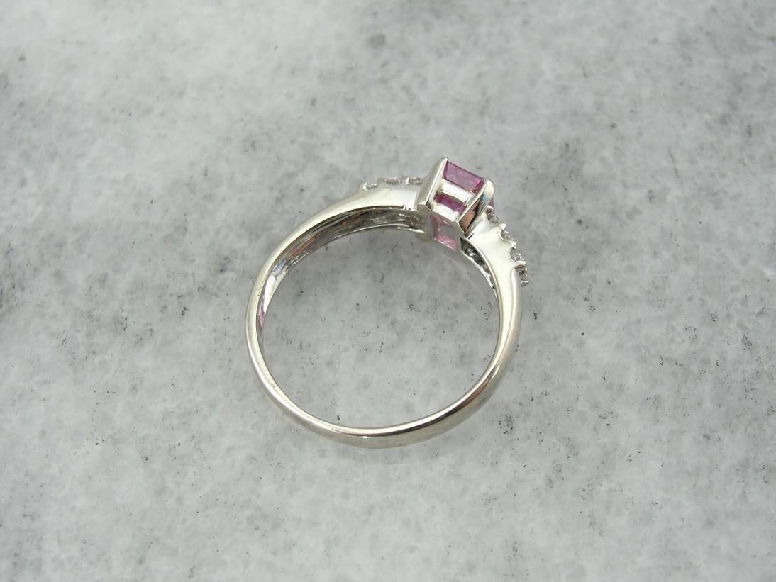 Emerald Cut Pink Sapphire and 12 Diamond Engagement Ring