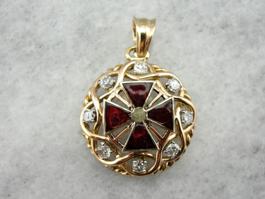 Ruby and Iron, a Vintage Enamel, Diamond and Gold Cross Pendant