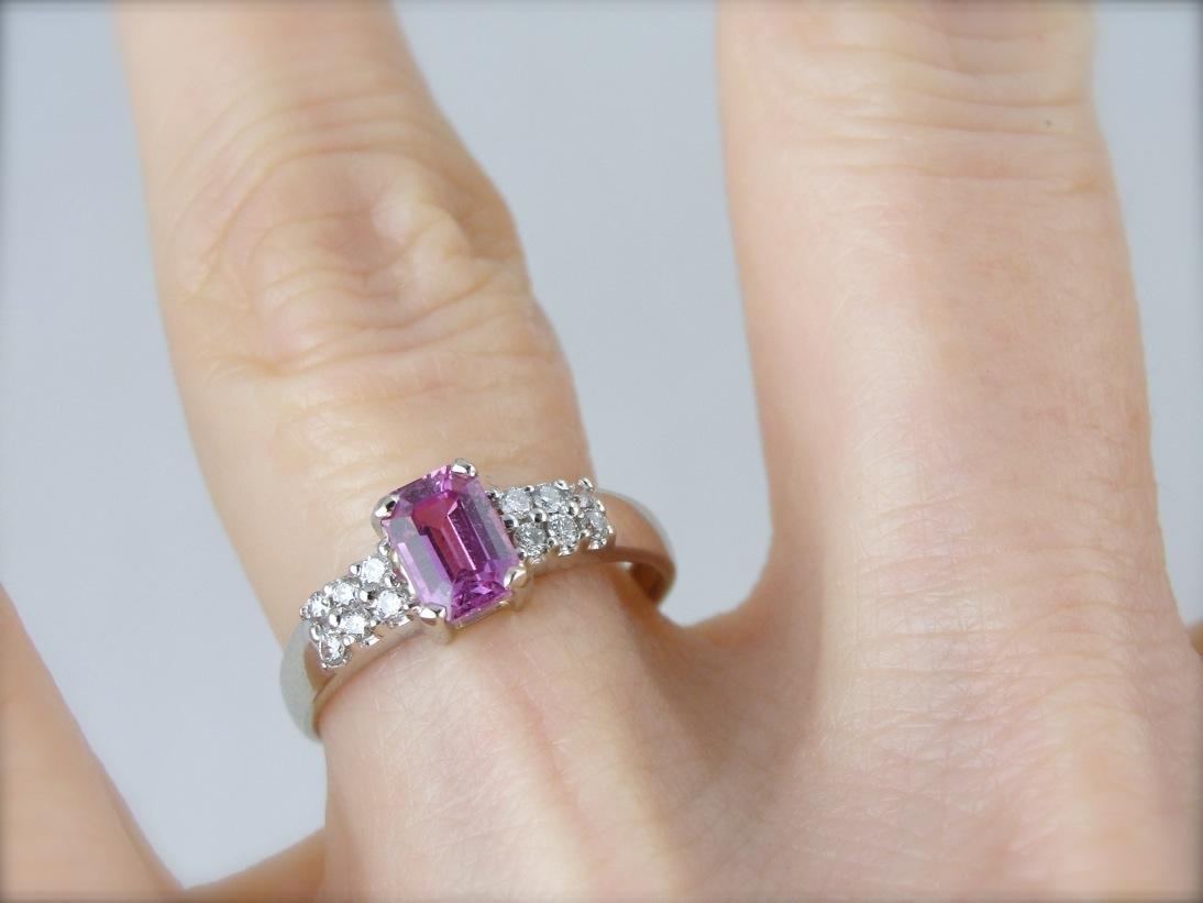 Emerald Cut Pink Sapphire and 12 Diamond Engagement Ring