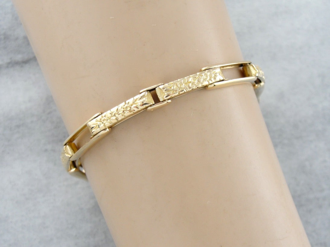 Vintage Floral Link Bracelet in Polished Yellow Gold