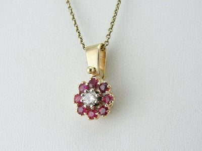 Floral Ruby and Diamond Cluster Gold Pendant