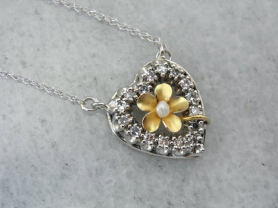 Love of Blossoms: Diamond Heart and Art Nouveau Flower Pendant with Original Antique Seed Pearl