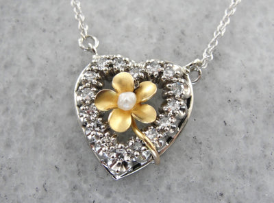 Love of Blossoms: Diamond Heart and Art Nouveau Flower Pendant with Original Antique Seed Pearl