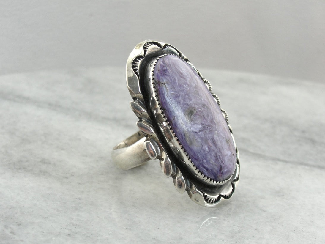 Oversized Charoite Gemstone Statement Ring, Sterling Silver Mounting from the American West
