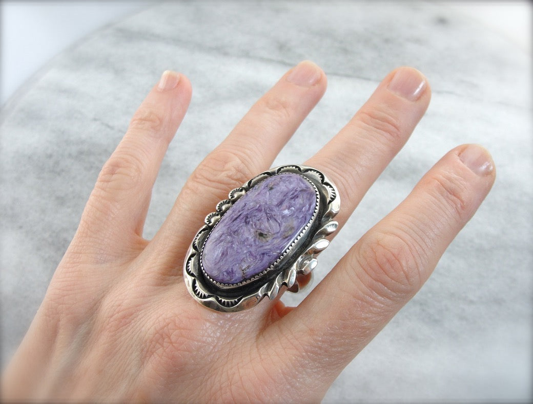 Oversized Charoite Gemstone Statement Ring, Sterling Silver Mounting from the American West