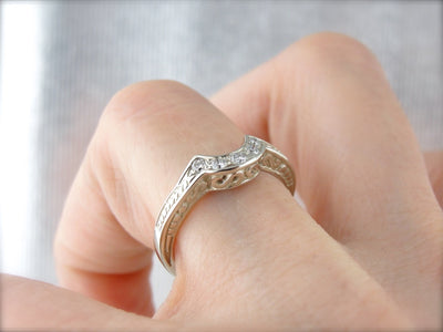 Diamond Guard Band with Etched Details, Curved Wedding Band in White Gold