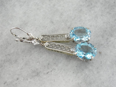 Beautiful Blue Topaz and Diamond Filigree Drop Earrings, Upcycled Antique White Gold Bridal Earrings