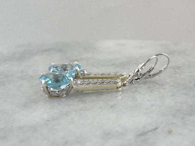 Beautiful Blue Topaz and Diamond Filigree Drop Earrings, Upcycled Antique White Gold Bridal Earrings