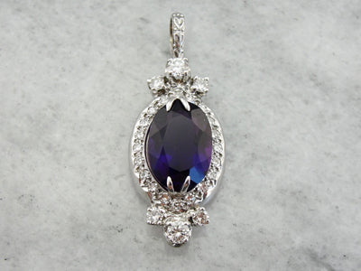 Lovely Retro Era Amethyst and Diamond Pendant, Converted From Vintage Watch