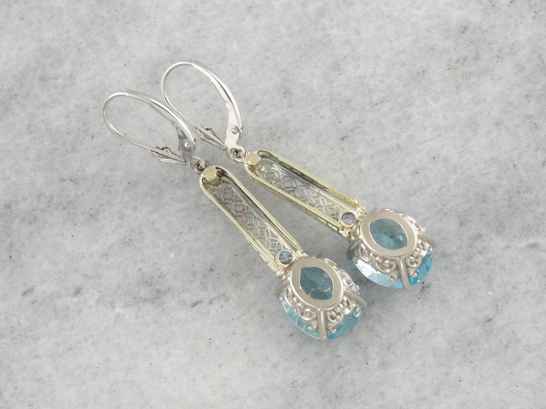 Beautiful Blue Topaz and Diamond Filigree Drop Earrings, Upcycled Antique White Gold Bridal Earrings