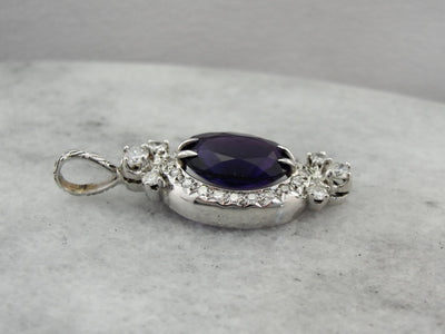 Lovely Retro Era Amethyst and Diamond Pendant, Converted From Vintage Watch