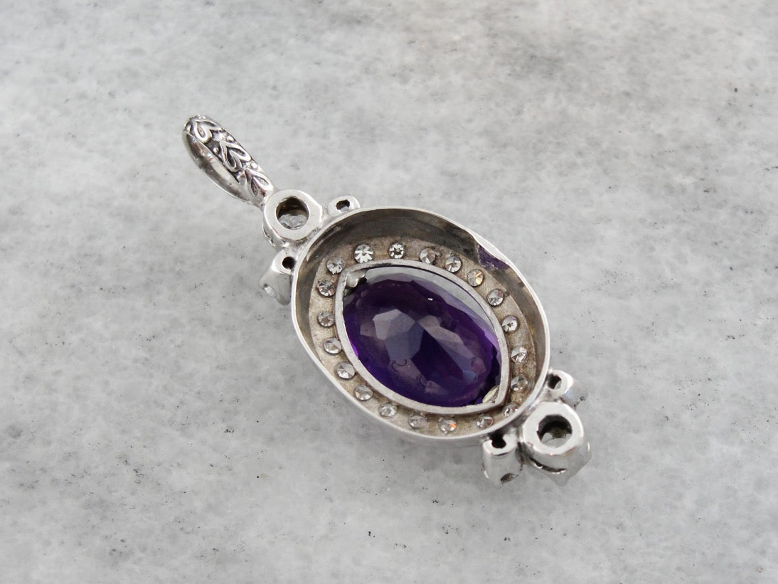 Lovely Retro Era Amethyst and Diamond Pendant, Converted From Vintage Watch