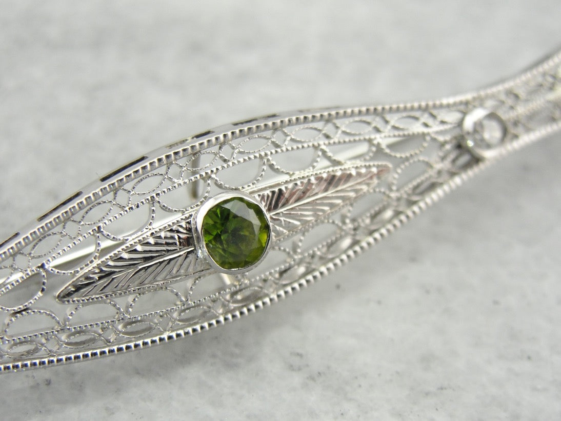 Edwardian Demantoid Garnet and Diamond Brooch, White Gold Filigree Bridal Jewelry
