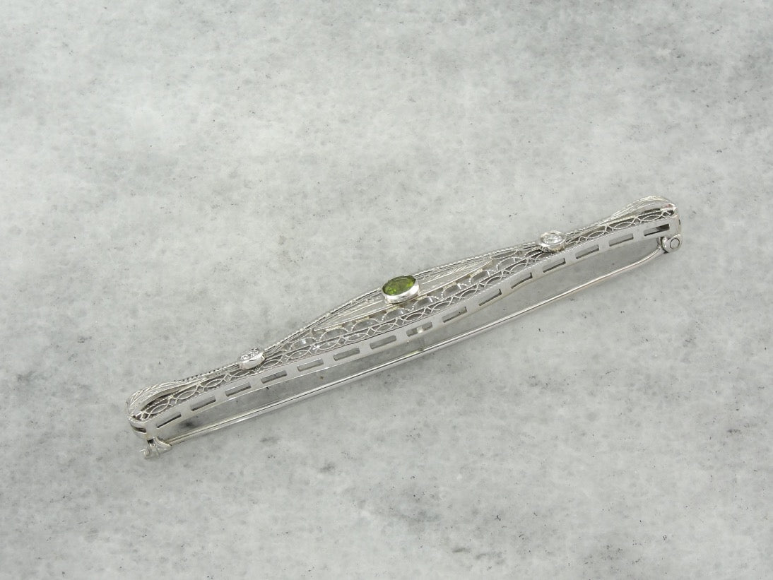 Edwardian Demantoid Garnet and Diamond Brooch, White Gold Filigree Bridal Jewelry