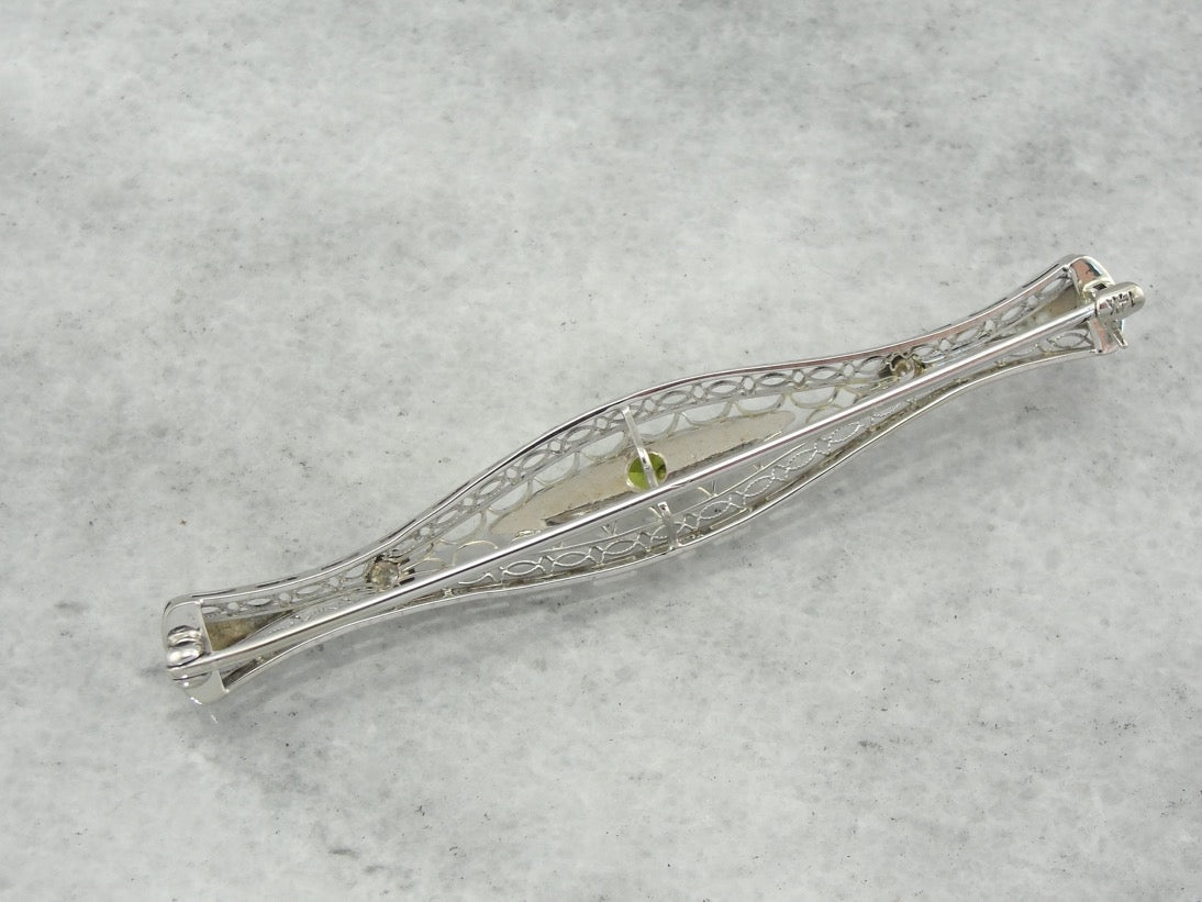 Edwardian Demantoid Garnet and Diamond Brooch, White Gold Filigree Bridal Jewelry