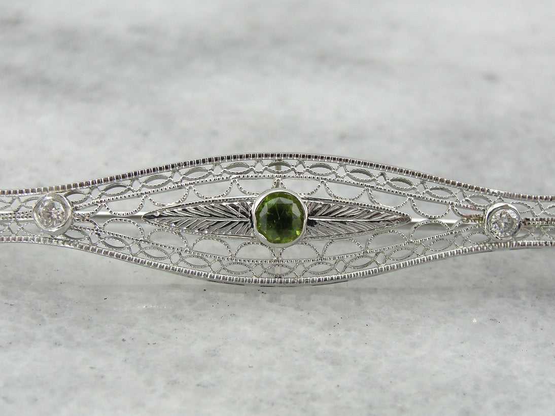 Edwardian Demantoid Garnet and Diamond Brooch, White Gold Filigree Bridal Jewelry