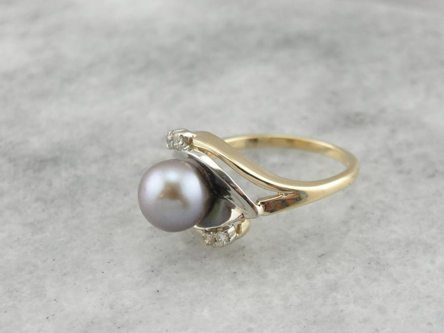 Feminine Plum Pearl and Diamond Cocktail Ring