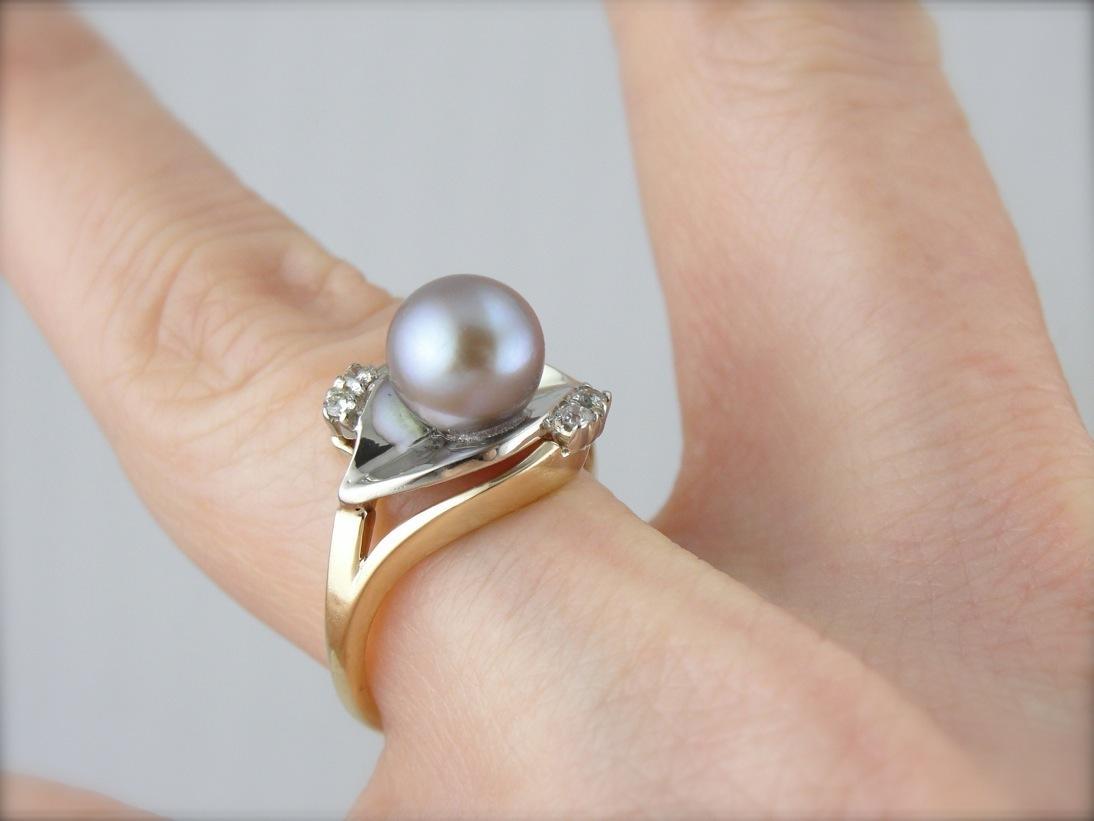 Feminine Plum Pearl and Diamond Cocktail Ring