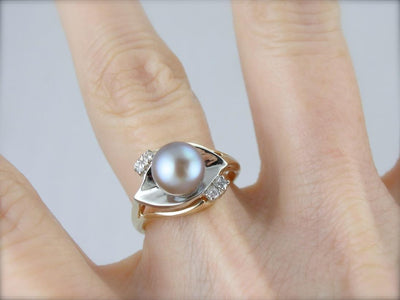 Feminine Plum Pearl and Diamond Cocktail Ring