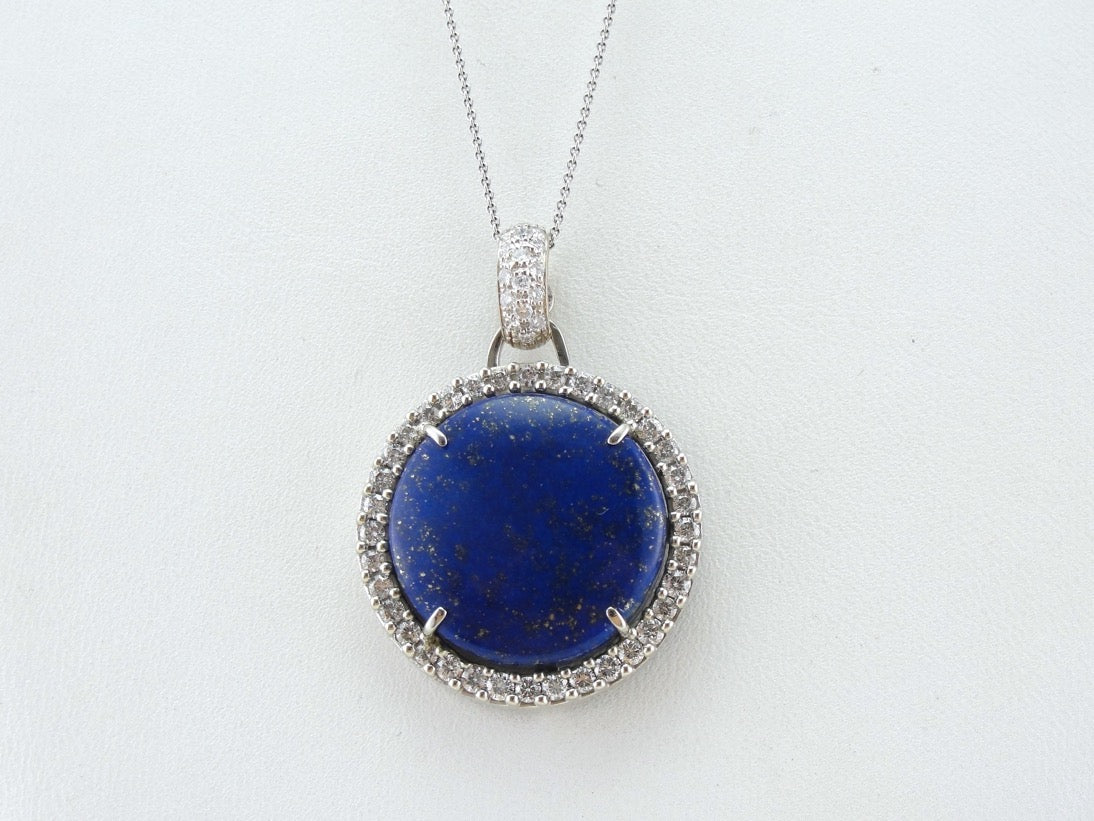 Lapis and Diamond Halo Pendant in White Gold
