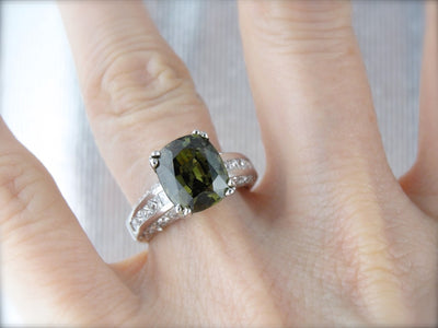 Collector's Quality, Stunning Demantoid Garnet and Diamond Statement Ring in Platinum, RARE