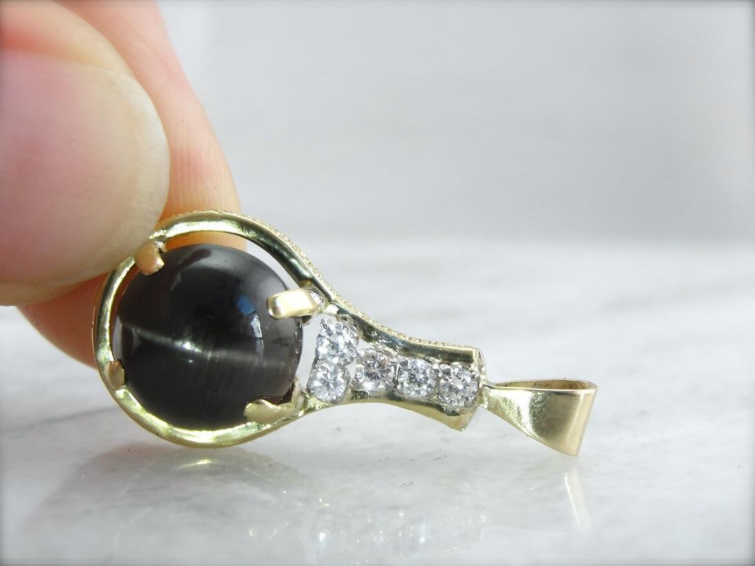 Cat's Eye Sillimanite and Diamond Pendant