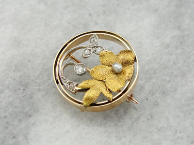 Lovely Antique Diamond and Seed Pearl Floral Brooch