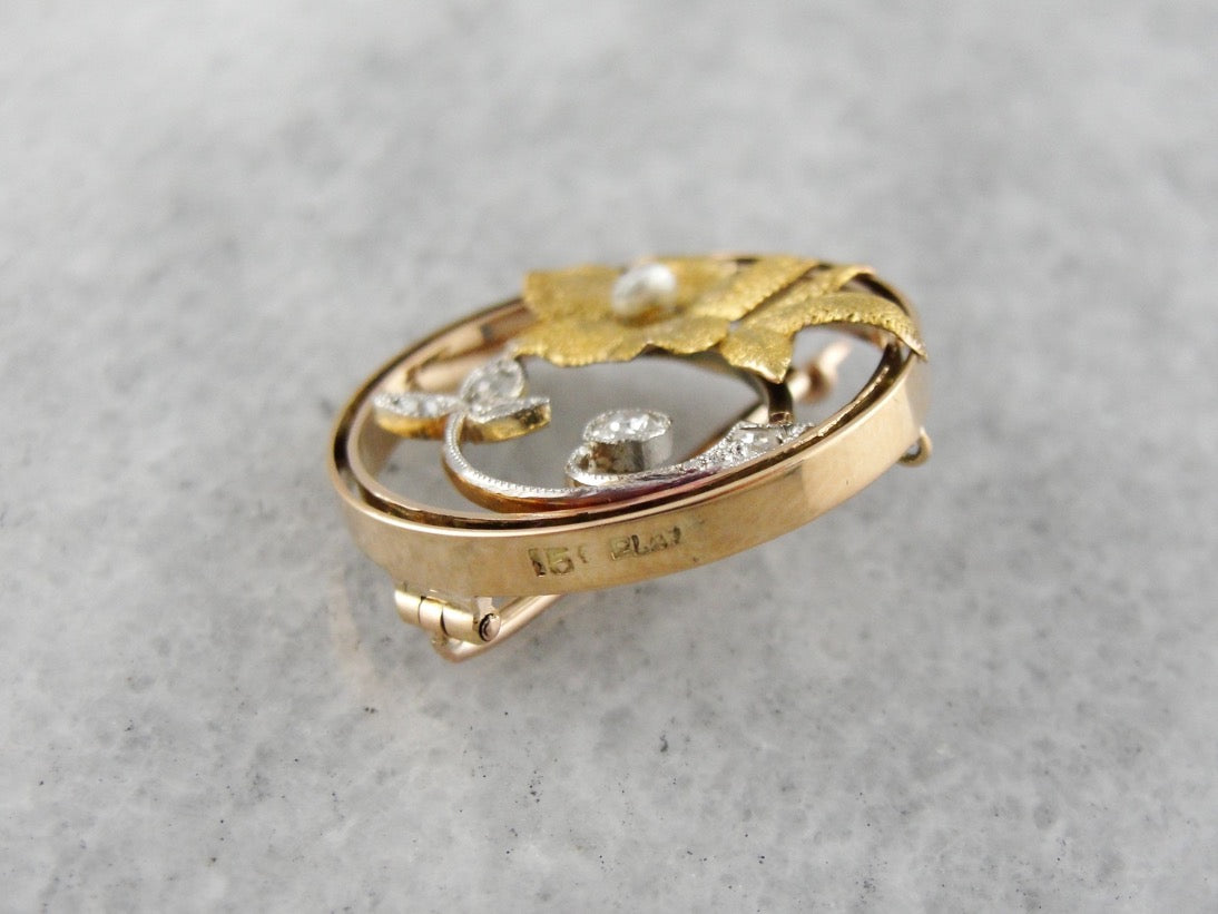 Lovely Antique Diamond and Seed Pearl Floral Brooch