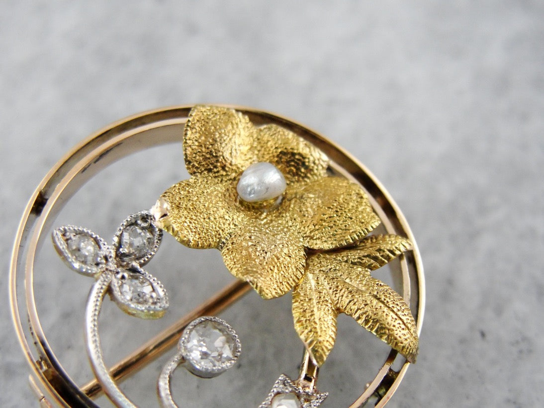 Lovely Antique Diamond and Seed Pearl Floral Brooch