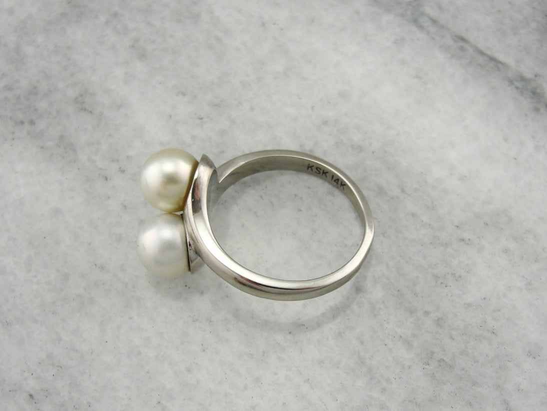 Timeless Pearl Bypass Ring, Double Pearl Cocktail Ring