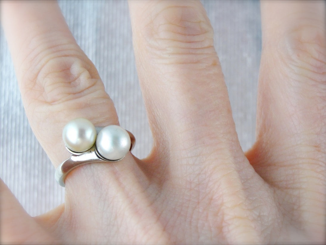 Timeless Pearl Bypass Ring, Double Pearl Cocktail Ring