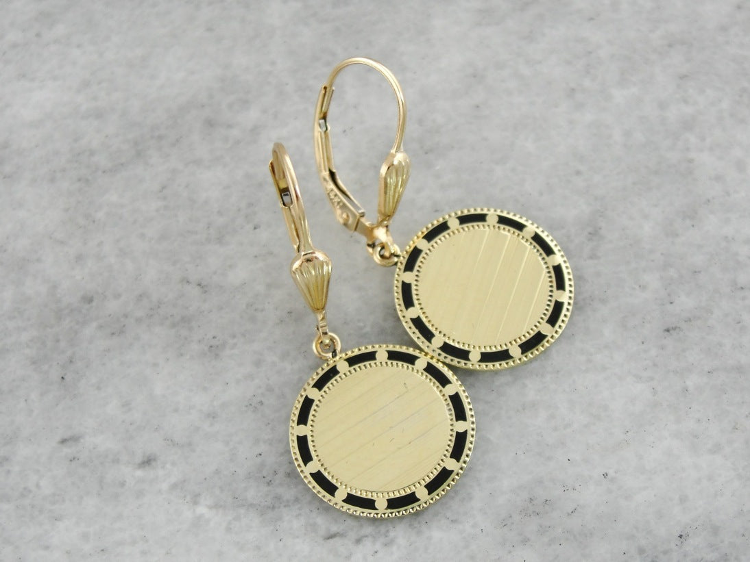 Retrofitted Antique Black Enamel Cufflink Earrings, Circular in Shape with Yellow Gold Leverbacks