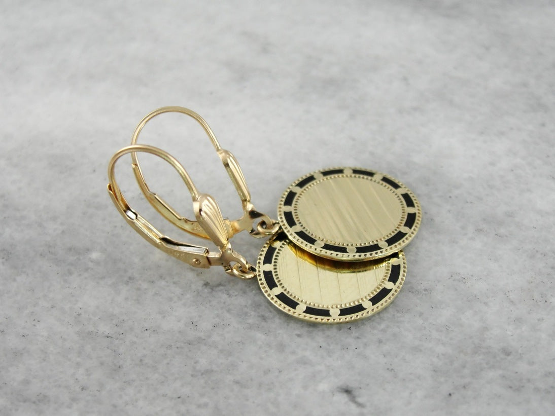 Retrofitted Antique Black Enamel Cufflink Earrings, Circular in Shape with Yellow Gold Leverbacks