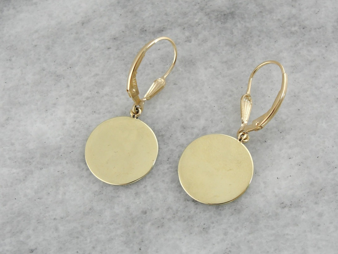 Retrofitted Antique Black Enamel Cufflink Earrings, Circular in Shape with Yellow Gold Leverbacks