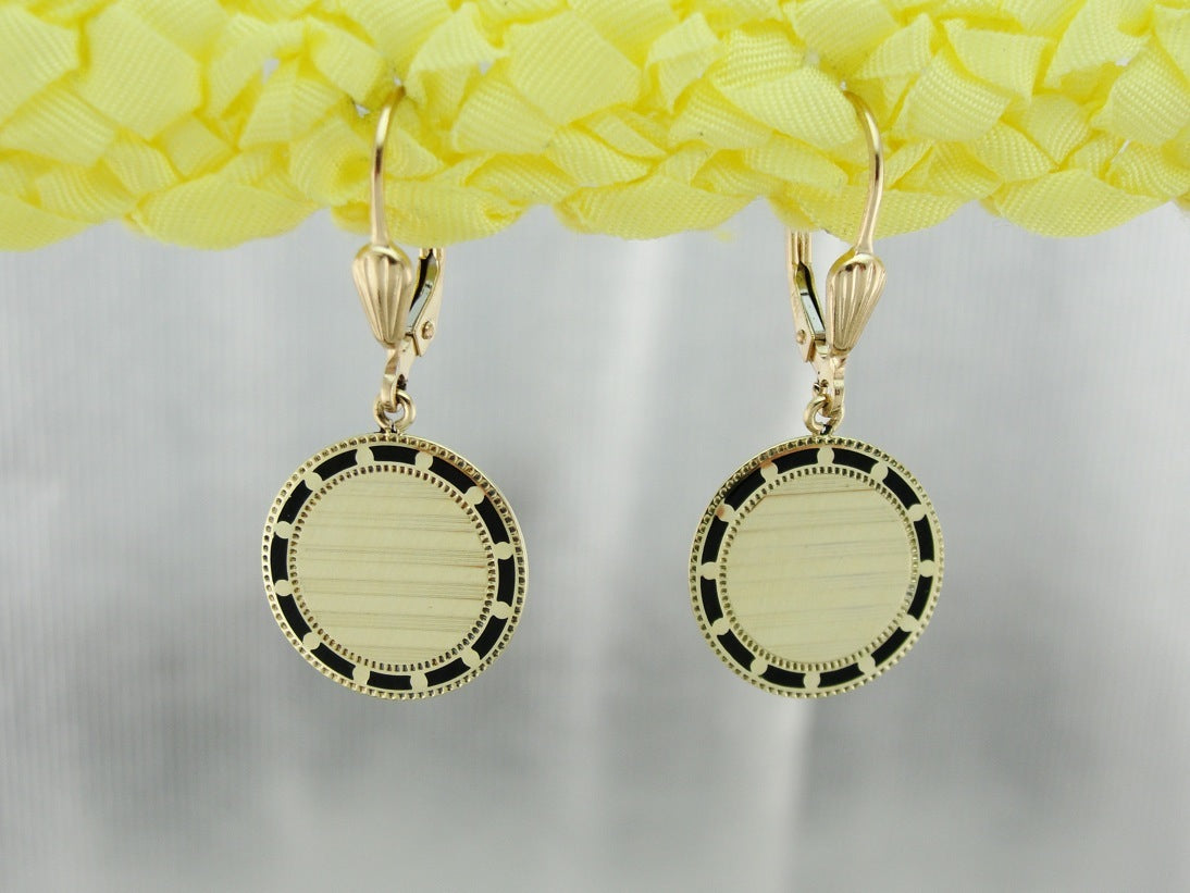 Retrofitted Antique Black Enamel Cufflink Earrings, Circular in Shape with Yellow Gold Leverbacks