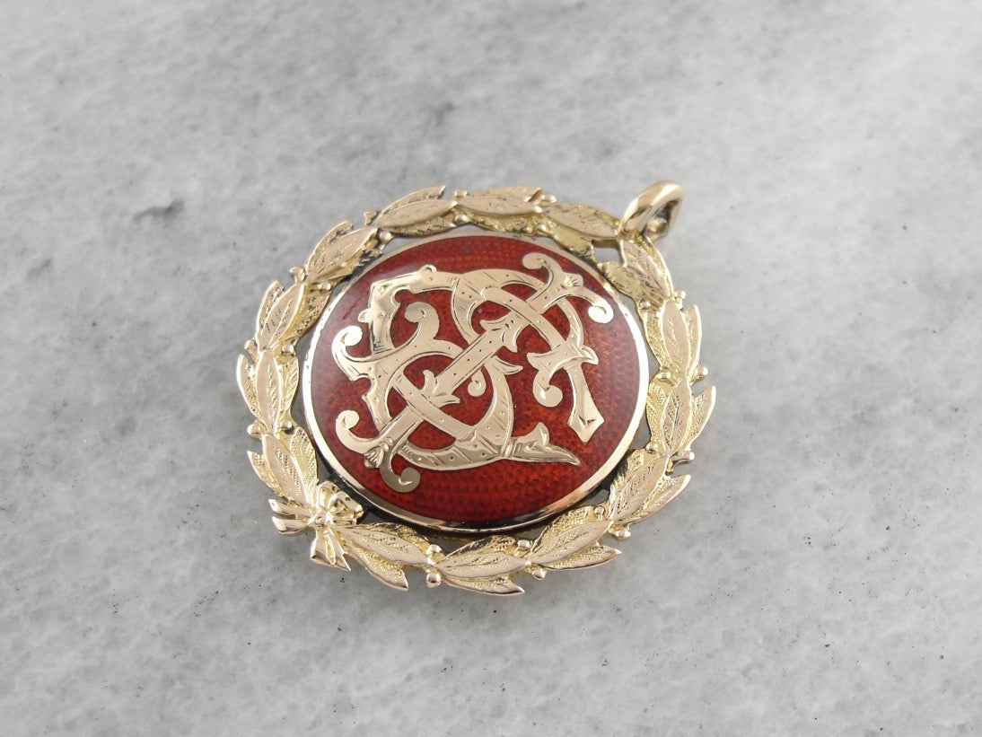 Ornately Enameled Laurel Wreath Pendant, CSI, ISC, SCI Victorian Interlocked Monogram
