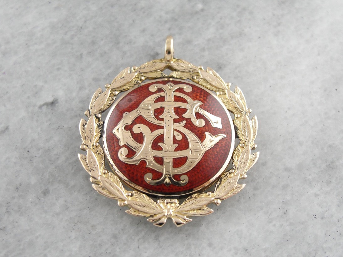 Ornately Enameled Laurel Wreath Pendant, CSI, ISC, SCI Victorian Interlocked Monogram