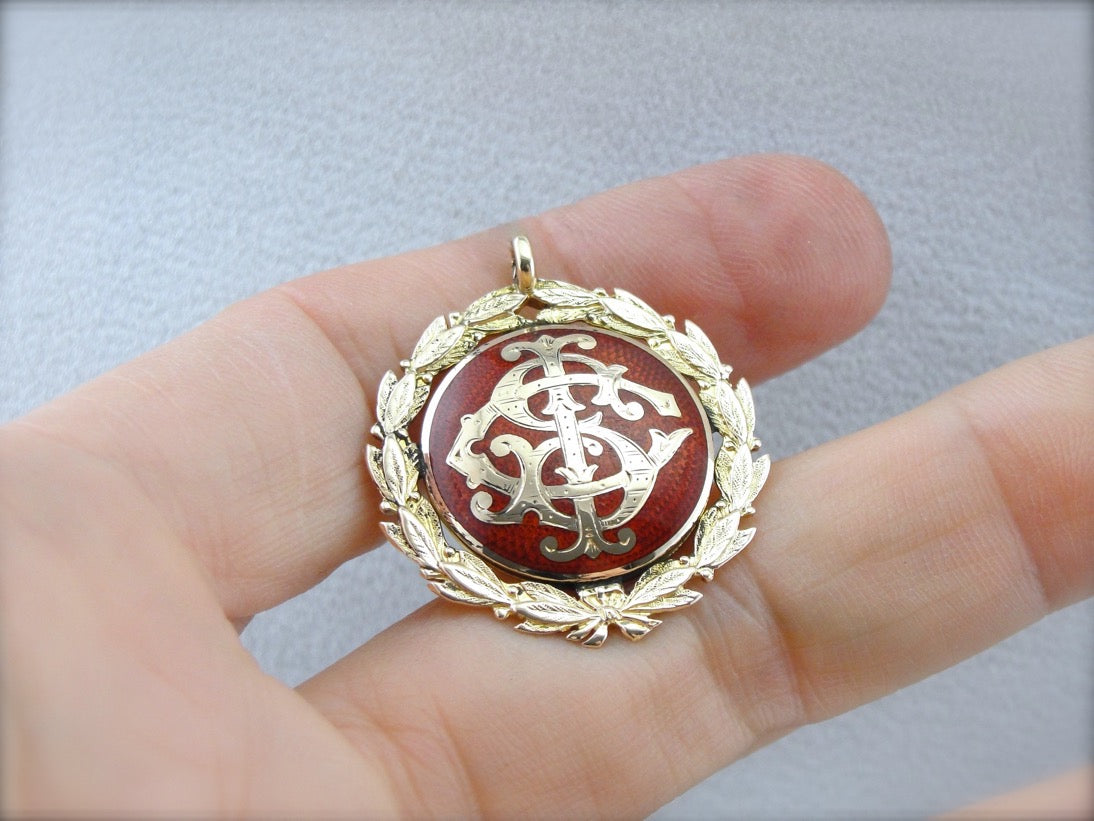 Ornately Enameled Laurel Wreath Pendant, CSI, ISC, SCI Victorian Interlocked Monogram