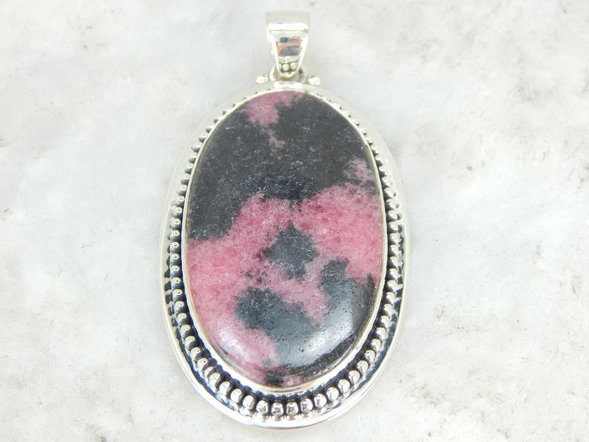 Large Rhodonite Sterling Silver Oval Pendant