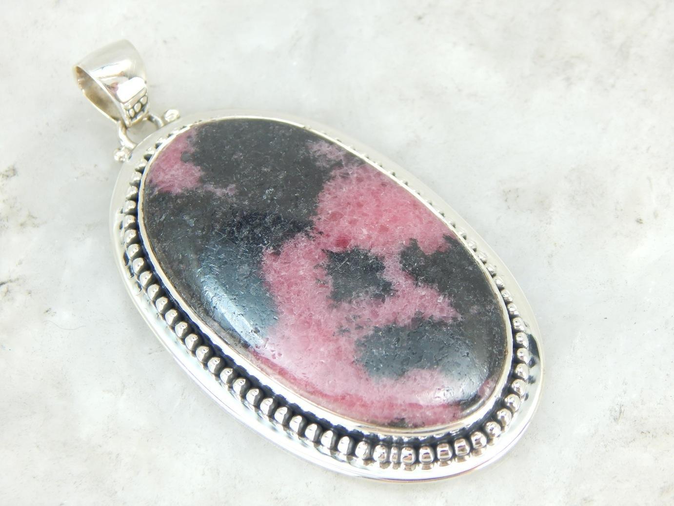 Large Rhodonite Sterling Silver Oval Pendant