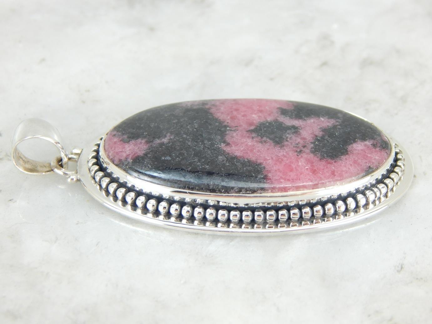 Large Rhodonite Sterling Silver Oval Pendant