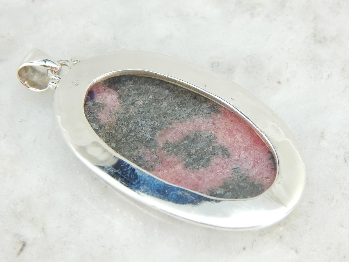 Large Rhodonite Sterling Silver Oval Pendant